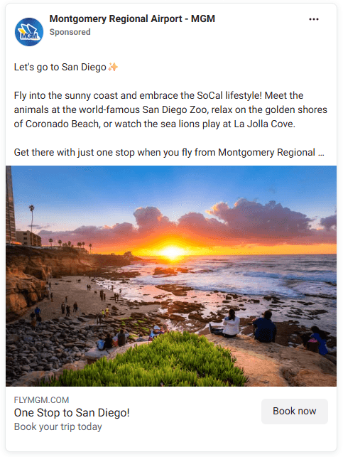 RouteBuilder ad: Montgomery to San Diego, one stop