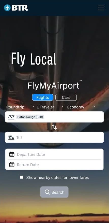 FlyMyAirport on the Baton Rouge (BTR) website, mobile