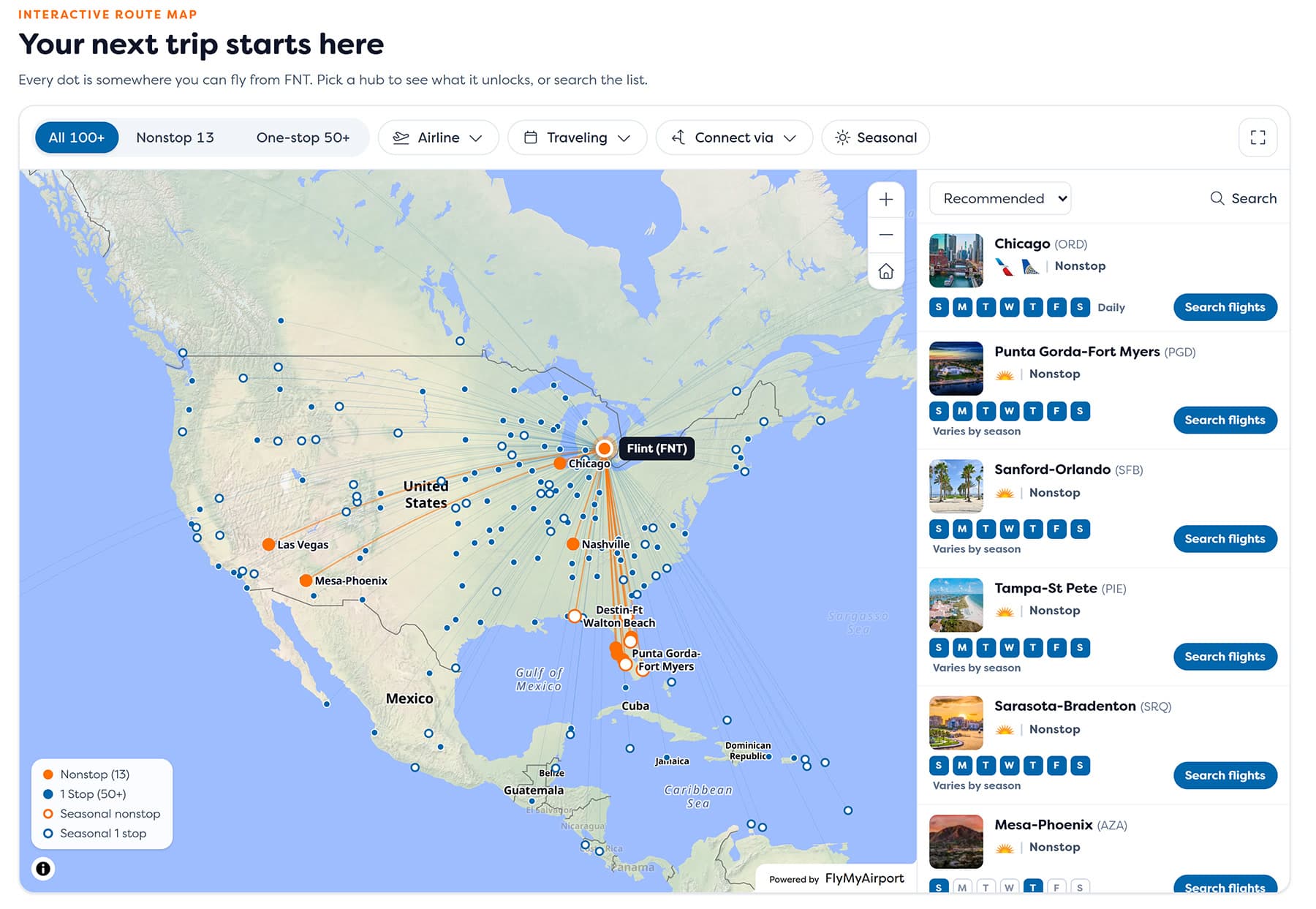 Interactive Route Map for Flint (FNT), showing nonstop and one-stop destinations across North America and a list of recommended flights.