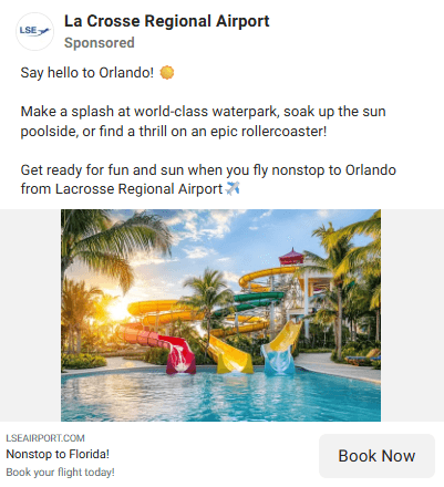 La Crosse Regional Airport ad promoting nonstop flights to Orlando