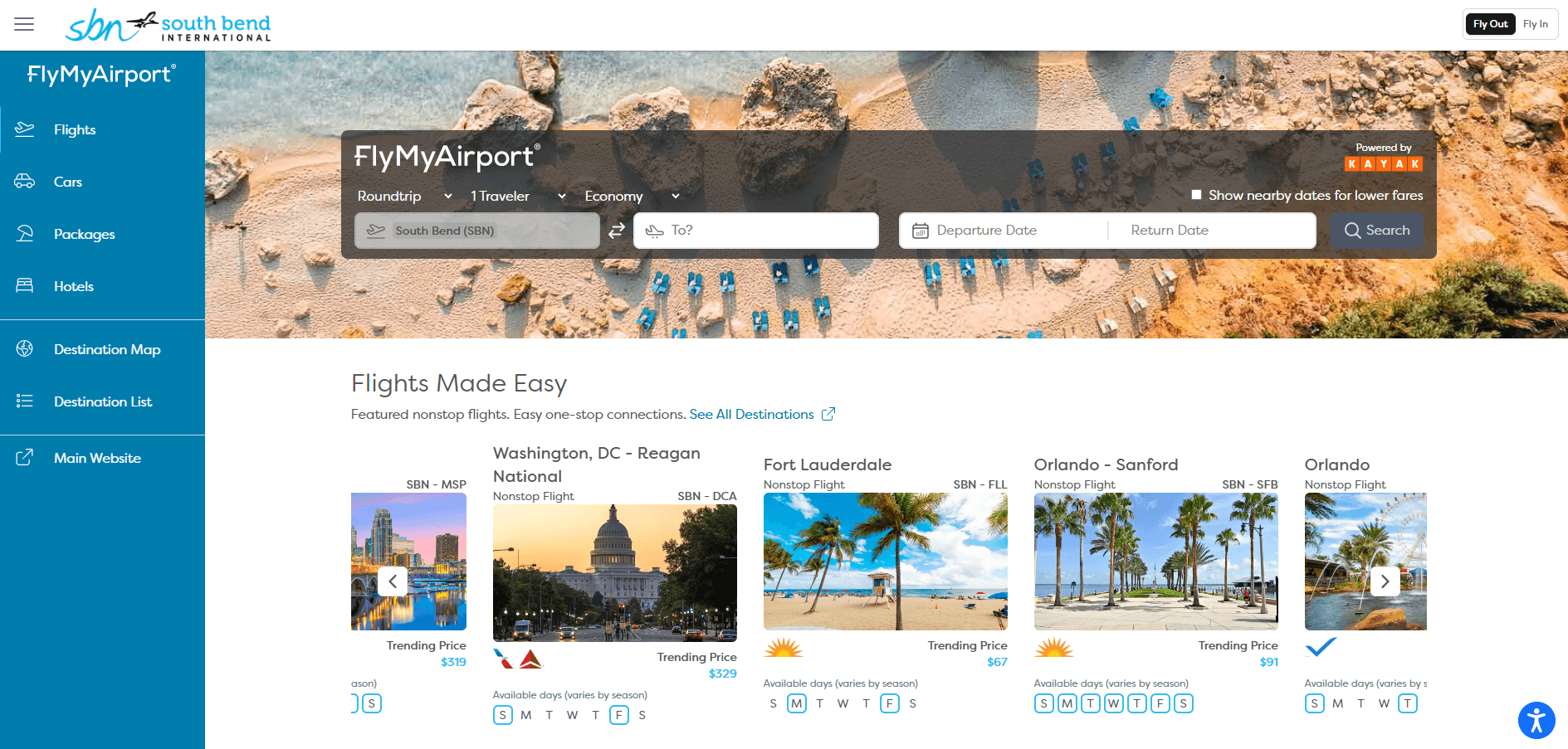 South Bend FlyMyAirport search page with nonstop destination cards and trending prices